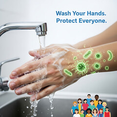 Fototapeta premium Hands washing under running water with soap bubbles and virus pattern