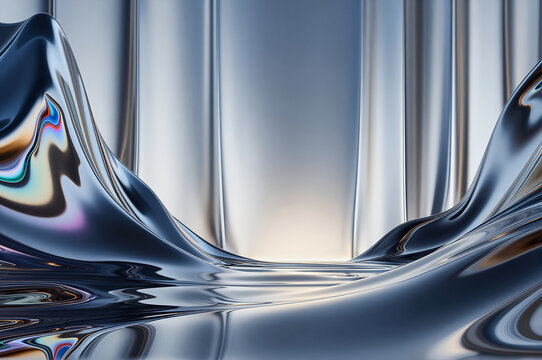 Liquid metal flows through a sculpted landscape of undulating waves and vertical ridges under soft studio light with high reflectivity showing chromatic aberration at the edges.