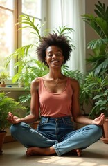 Fototapeta premium Black woman meditates sitting in lotus pose with eyes closed and smile. She wears jeans and tank top surrounded by many green houseplants. She finds peace and calm energy at home.