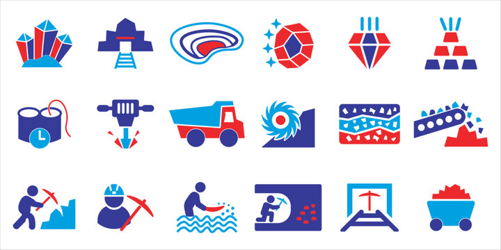 mining icon set bundle. mine, extraction, equipment, industry, mining, coal, diamond, contruction and more. simple flat colored vector