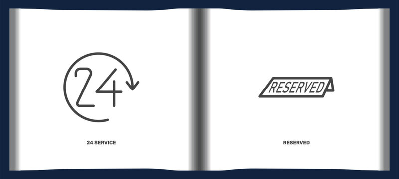 hotel and restaurant icon set with 24 service, reserved signs in flat outline style. linear icons for ui, web and printing