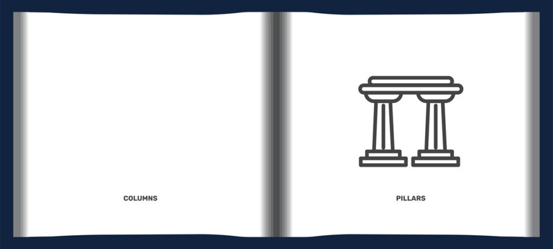 history icon set with columns, pillars signs in flat outline style. linear icons for ui, web and printing