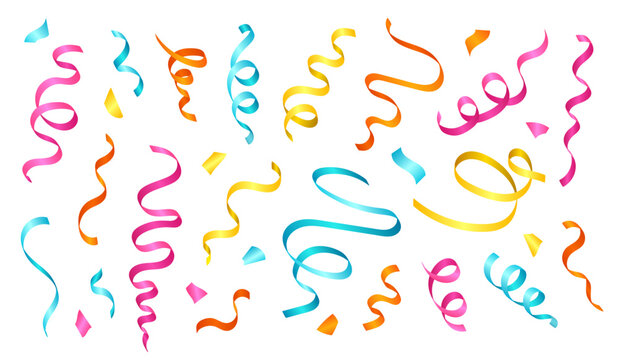 Collection of multicolored realistic 3d party streamers, coil ribbon serpentine isolated on white background. Falling glossy spiral curled colorful tinsel set, vector festive confetti or silk ribbons