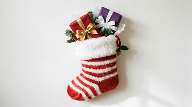 Festive christmas stocking overflowing with gift boxes and holiday decorations on white