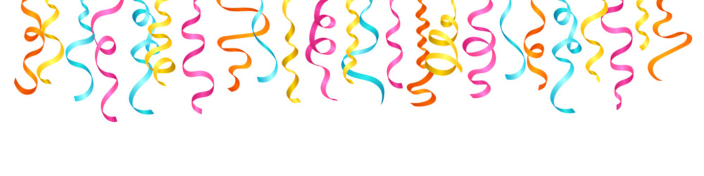 Colorful hanging party streamers border, curly ribbons frame isolated on white background. Shiny realistic confetti serpentine for festive decoration, birthday, carnival and celebration header.