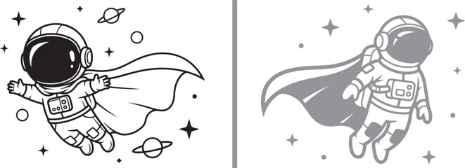 Cute cartoon astronaut superhero character vector set flying in space with a cape for a mascot logo or kids illustration © Nur