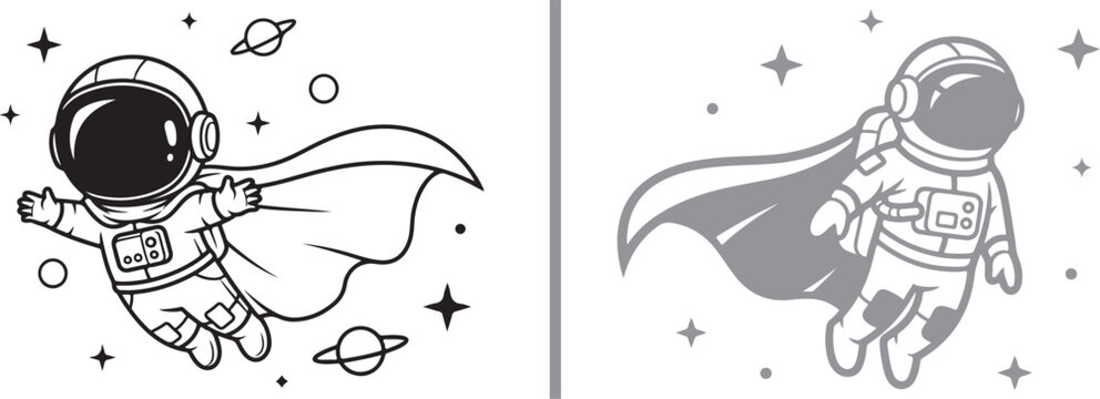 Cute cartoon astronaut superhero character vector set flying in space with a cape for a mascot logo or kids illustration