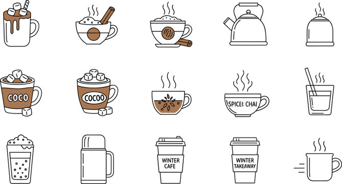 Winter Hot Drinks Icon Set Featuring Hot Chocolate, Spiced Chai, Coffee, Takeaway Cups, and Cozy Beverage Accessories