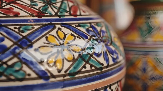 Closeup of intricately decorated Moroccan pottery with vibrant floral patterns.