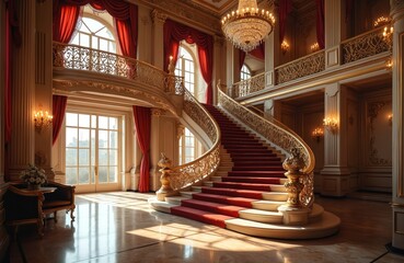Grand interior with red carpeted staircase, ornate gold railings, large windows, and crystal chandeliers. Elegant baroque hall with marble floors offers luxury space for events or residence.