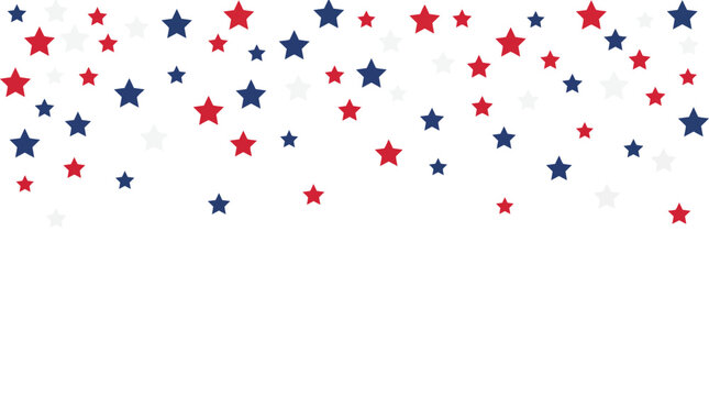 Stars red and blue confetti falling on white background. Bright decoration for Birthday party, invitation, card, web. Happy Independence Day border. Usa celebration design. Vector illustration