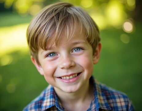 Young boy with blue eyes, plaid shirt smiles happily outdoors in green nature. Joyful expression conveys innocence, carefree childhood fun. Natural light illuminates face in close-up portrait.