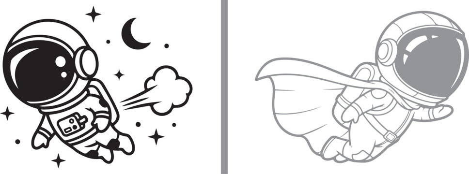 Cute astronaut character vector set with flying spaceman hero and jetpack mascot illustrations