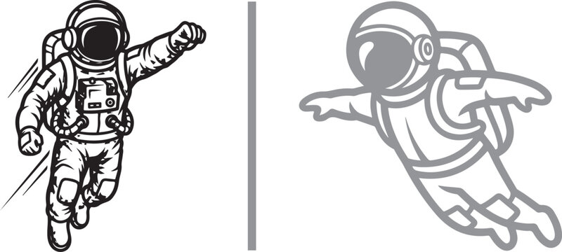 Astronaut vector icon set with a flying spaceman in line art and silhouette styles for a science or technology logo