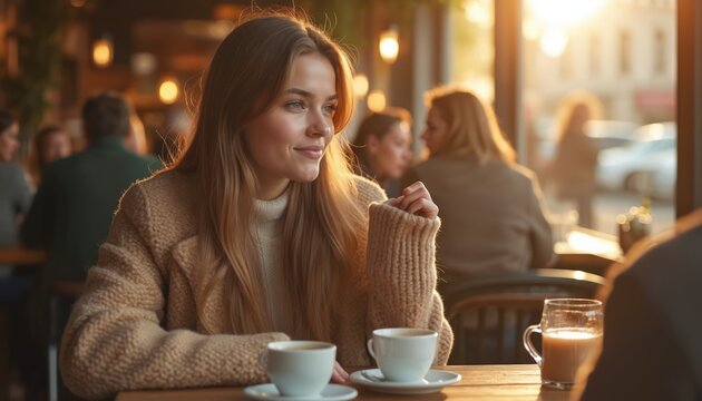 Young woman sits in cafe wearing cozy sweater, enjoys coffee. Sunlit interior with blurred people. Relaxing afternoon at coffee shop, warm beverage. Casual meetup or solo break.