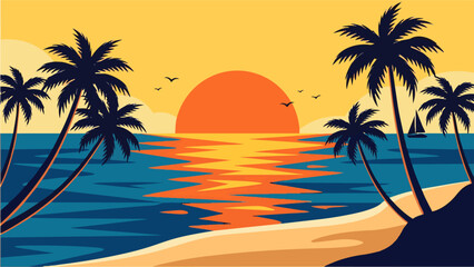 Fototapeta premium Beautiful Sunset Over Tropical Ocean with Palm Trees and Birds.