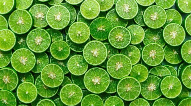 Fresh lime slices arrangement vibrant citrus fruit pattern for food and beverage marketing