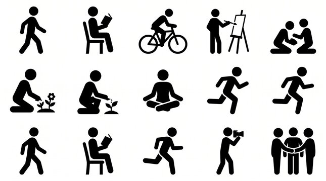 Eight stick‑figure icons in a grid, depicting walking, reading, cycling, painting, gardening, meditating, running, handshaking, and group conversation activities.