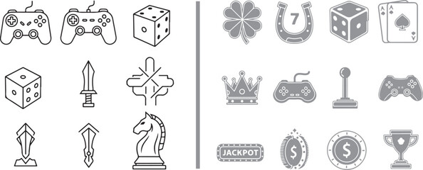 Gaming and gambling icon set with gamepads dice chess pieces and casino symbols in vector line art and flat gray style © Nur