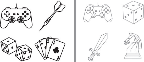 Gaming and entertainment icon set featuring gamepad dart dice playing cards sword and chess knight vector line art © Nur