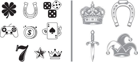 Luck and gambling vector icons with clover horseshoe dice gamepad dollar coin playing cards crown and jester hat for casino and gaming design © Nur