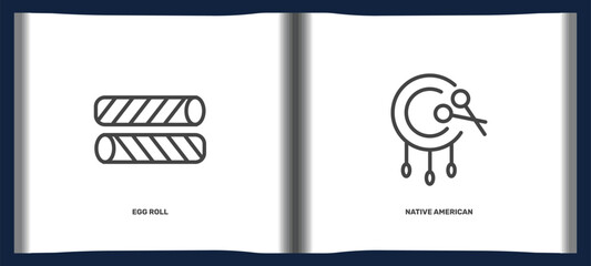 culture and civilization icon set with egg roll, native american drum signs in flat outline style. linear icons for ui, web and printing © Abstract