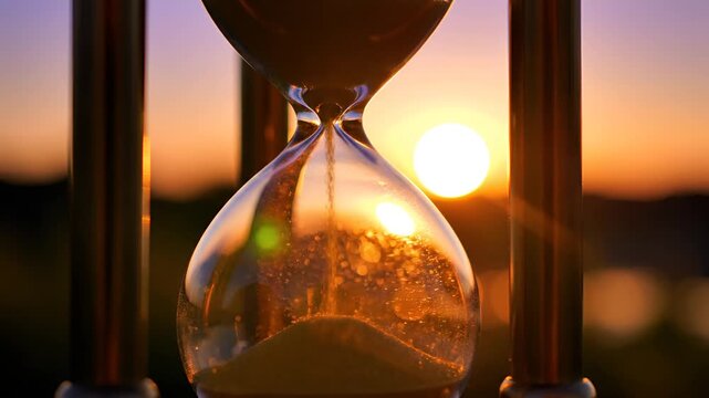 Hourglass with Sand Flowing at Sunset Symbolizing Time Passing.