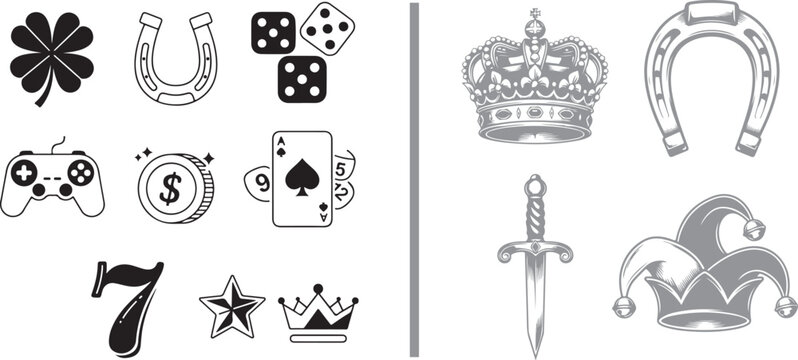 Luck and gambling vector icons with clover horseshoe dice gamepad dollar coin playing cards crown and jester hat for casino and gaming design