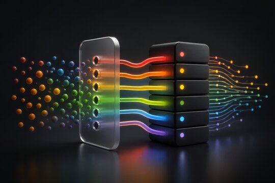 Colorful Data Flow Through a Secure Server Gateway in a Modern Digital Network Concept