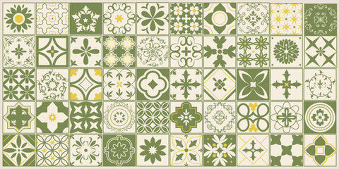 Hand drawn Mediterranean ceramic tile set in modern coastal boho style. Olive green floral and geometric mosaics inspired by Italian and Portuguese interiors, perfect for decor and branding. © Katerina Gems