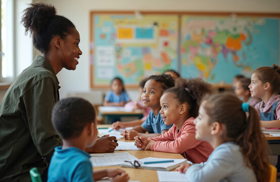 Young teacher talks to diverse elementary students sitting at desks in a classroom. Children listen attentively to lessons, engaged in learning activities together. Joyful diverse kids in class.