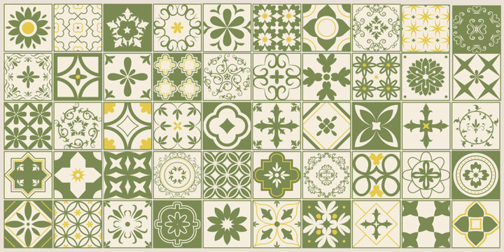 Hand drawn Mediterranean ceramic tile set in modern coastal boho style. Olive green floral and geometric mosaics inspired by Italian and Portuguese interiors, perfect for decor and branding.