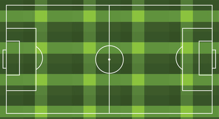 Green soccer field with white lines and markings on green plaid background © The Saki