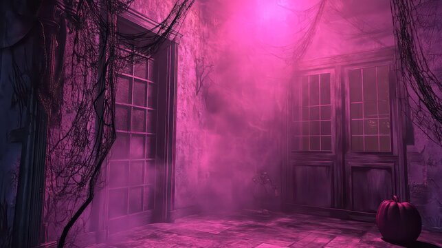 An eerie, dimly lit porch with two doors, cobwebs, and a pumpkin on the floor. The pink light adds a spooky, mysterious atmosphere.