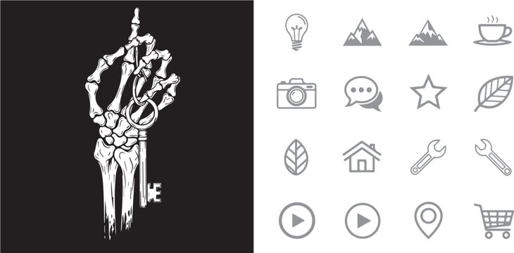 Vector illustration of a skeleton hand holding a vintage key, depicting mystery and unlocking secrets