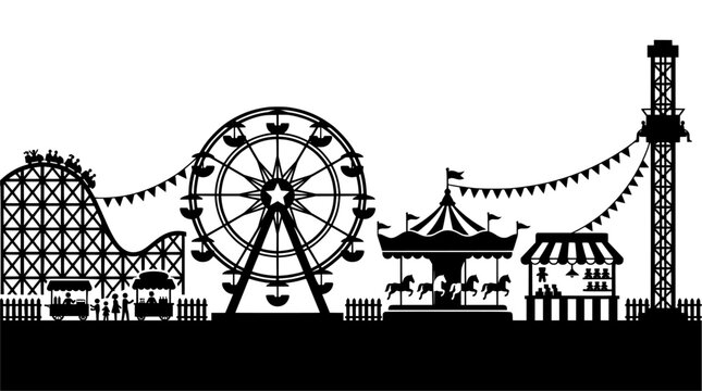 Amusement park silhouette with ferris wheel, roller coaster and carousel
