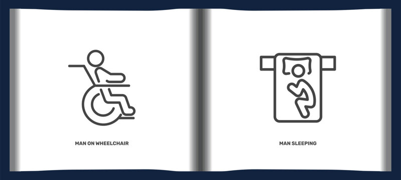 behavior and action icon set with man on wheelchair, man sleeping signs in flat outline style. linear icons for ui, web and printing