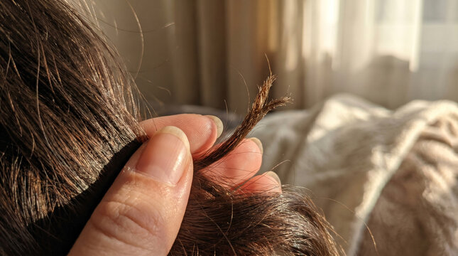 Fingers holding damaged hair showing dry split ends
