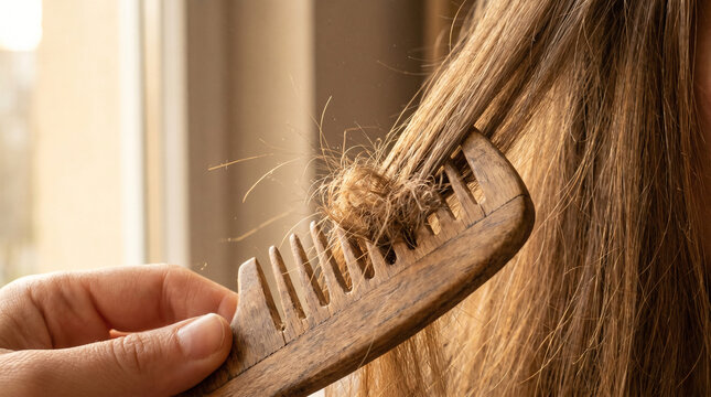 Tangled messy blonde hair brushed with wooden comb