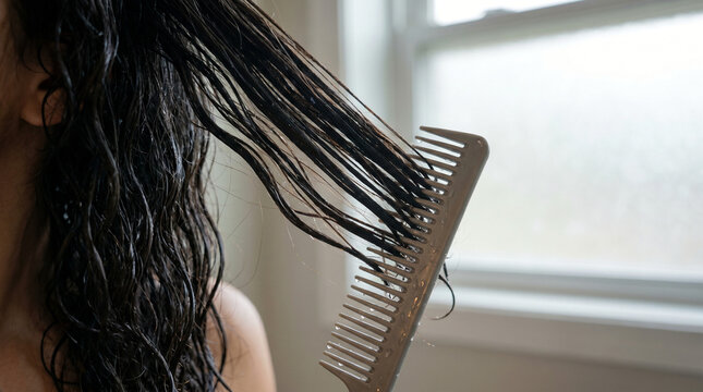 Combing tangled wet wavy hair with wide tooth comb