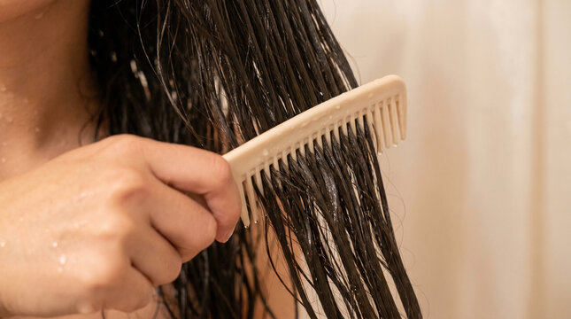 Woman combing wet dark hair with wide tooth comb