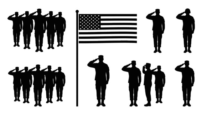 American soldiers saluting flag patriotic military silhouettes on white background.