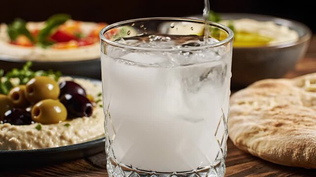 Pouring Ouzo into a Glass with Ice and Mezze Platter.