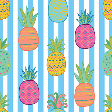 Summer seamless pattern with colorful decorated pineapples on blue striped background