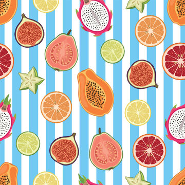 Tropical fruit seamless pattern with papaya dragon fruit and citrus on striped background