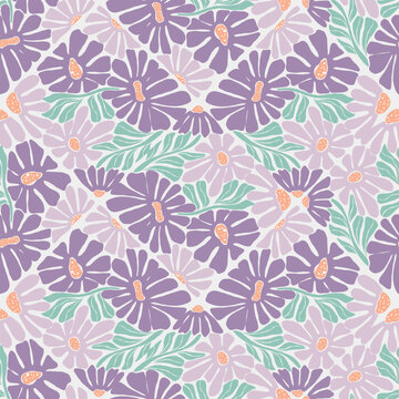 Delicate floral seamless pattern with purple flowers and mint green leaves