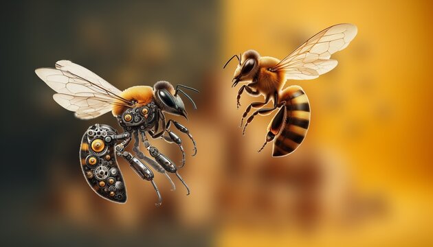 Close-up of two honeybees collecting nectar on blurred flowers background