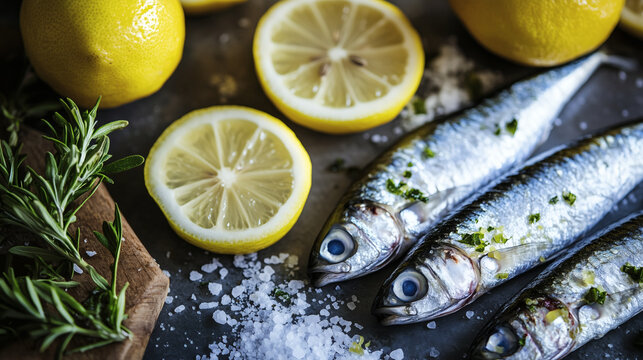 Close up of fresh raw sardines with lemon slices and rosemary