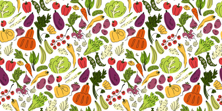 Juicy summer pattern with bright vegetables, vegetable stand in a seamless pattern, cabbage, pumpkin, peas, local market produce, farmers market