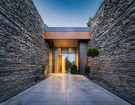 contemporary building entrance with elegant stone cladding and modern walkway high resolution picture